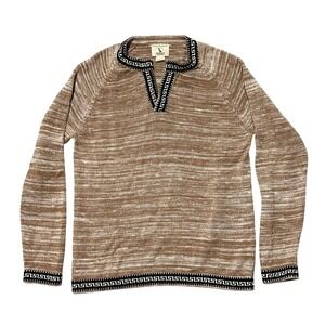 GANT by Michael Bastian Mens Tan White Striped V-Neck Sweater Greek Key Trim - L